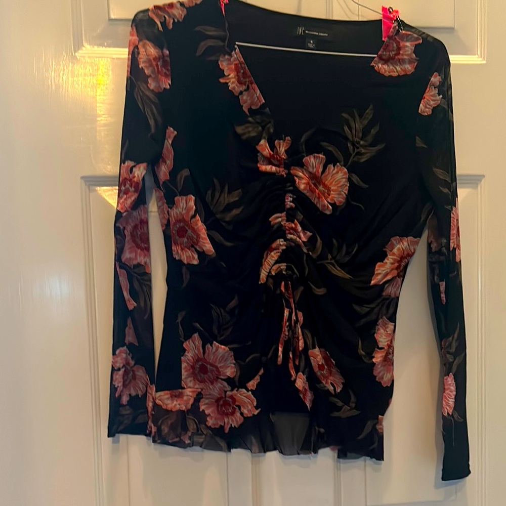 INC International Concepts Black and Pink Fitted Tie Front Blouse